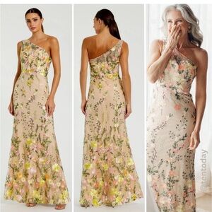 Mac Duggal One Shoulder Lace/Embroidered Floral Beige/nude Maxi Dress